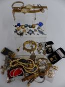 A collection of costume jewellery including watches, silver bracelets, agate pendant, cameo