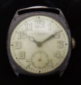J W Benson silver gentleman's wristwatch with subsidiary seconds dial, blued hands, railroad minutes