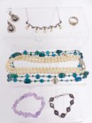 A filigree white metal necklace set with blister pearls, amethyst necklace, silver and amethyst