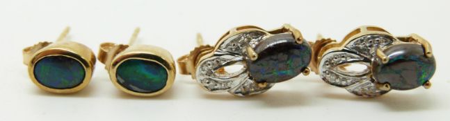 Two pairs of 9ct gold earrings set with boulder opal, 3.2g