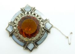 Scottish white metal kilt pin/ brooch set with a citrine and agate, 5cm diameter