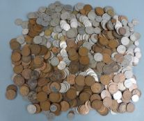 A tin of sundry largely UK coinage, includes pre decimal, Victoria onwards together with some