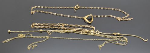 Three 9ct gold necklaces and two bracelets, 8.5g