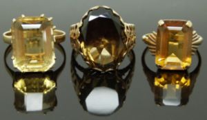 Art Deco 9ct gold ring set with citrine and two 9ct gold rings one set with smoky quartz and one