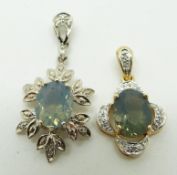 Two 9ct gold pendants set with green fire opal and diamonds, 3.6g