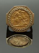 An 1896 gold half sovereign in 9ct gold ring mount, size V, 11.88g