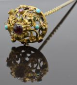 Victorian hat pin set with turquoise, garnets and enamel