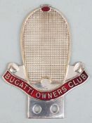 Bugatti Owners Club chrome and enamel car badge, height 9cm