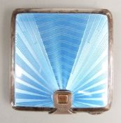 Art Deco blue guilloché enamel and hallmarked silver compact, London 1934 maker Saunders, Shepherd &