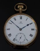 Omega 9ct gold keyless winding open faced pocket watch with subsidiary seconds dial, black Roman