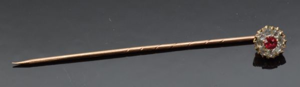 A 9ct gold stick pin set with paste in vintage Franklin & Hare, Taunton box