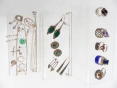 A collection of silver including rings, earrings, necklaces, Siam blue enamel ring, etc