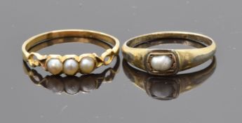 Georgian / Victorian yellow metal ring set with three split pearls and a Victorian silver ring set