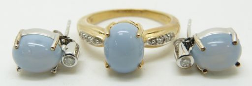 A 9ct gold ring set with a opal cut blue fire opal cabochon and a pair of similar earrings, 5.8g,