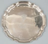 Hallmarked silver tray with shaped edge and military interest inscription relating to the Mercian
