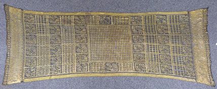 Early 1920's Assuit shawl, black net ground with yellow/gold coloured metal decoration of