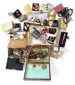 A collection of costume jewellery including Parker pen, silver and marcasite brooch, compacts,