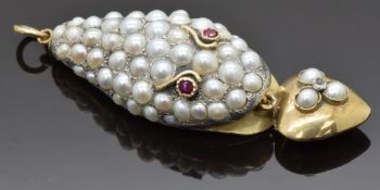 Victorian 9ct gold pendant in the form of a snake or serpent set with split pearls and ruby eyes,