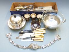 Silver plated ware to include serving dish with cut glass bowl, cutlery, knives, belt etc