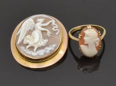 A 9ct gold brooch set with a cameo depicting an angel and a 9ct gold ring set with a cameo