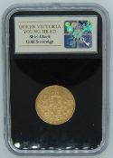 Queen Victoria 1864 young head, shield reverse gold full sovereign, die No.50, slabbed, in deluxe