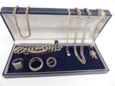 A collection of silver jewellery including bracelet, two rings, three necklaces, filigree