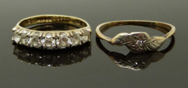 A 9ct gold ring set with cubic zirconia and a 9ct gold ring set with a diamond, size J & K, 2.9g