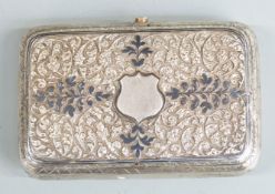 Russian white metal cigarette case, with embossed decoration and niello highlights, width 9.5 cm