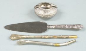 A white metal Eastern ashtray width 8cm, weight 35g, hallmarked silver handled cake slice and two