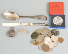 Hallmarked silver sovereign holder, mizpah brooch, dessert spoon with Exeter hallmark (43g), bone