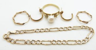 A 9ct gold bracelet, two pairs of 9ct gold earrings (2.3g) and a 14k gold ring (2.1g)