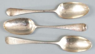 Three Georgian bottom hallmarked table spoons, marks indistinct, one appears to be London 1758,