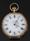 14ct gold keyless winding open faced pocket watch with blued hands, black Roman numerals, gilt and
