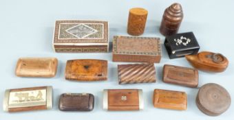Fifteen wooden boxes including Vizagapatam or similar example, snuff boxes, burr wood example,