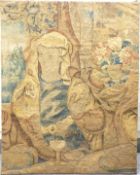 A section of a 17th/18thC wool tapestry of a figure with wine goblet and classical scene behind,
