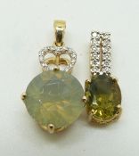 Two 9ct gold pendants set with green fire opal and diamonds, 3.8g