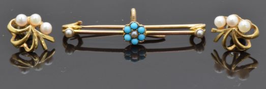 A pair of 9ct gold earrings set with pearls and a Victorian brooch set with turquoise and pearl
