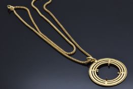 An 18ct gold necklace made up of rectangular links with yellow metal coin mount, 14.2g