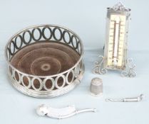 Hallmarked silver mounted thermometer, white metal bosun's whistle, hallmarked silver thimble and