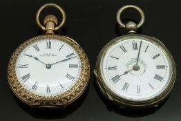 Two open faced pocket watches one Waltham gold plated keyless winding the other warranted 800