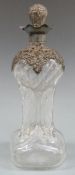 Edward VII hallmarked silver mounted glass glug decanter with pierced silver mount, Birmingham