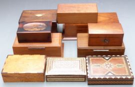 Ten wooden boxes including inlaid examples, walnut, mahogany, Art Deco, Vizagapatam style etc