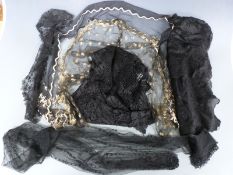 Six Victorian and other lace scarves and shawls, some with embroidered decoration, largest 260 x