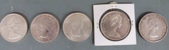 Five Canadian silver dollars, 1961, 1963, 1964, 1965 and 1966