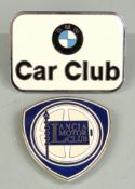 BMW Car Club enamel car badge, width 9cm together with a Lancia Motor Club badge