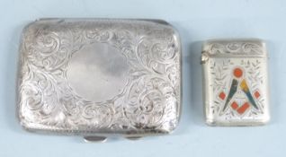 Hallmarked silver cigarette case, length 8cm, weight 60g together with an agate inlaid Masonic