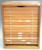 Mahogany fourteen drawer collector's cabinet with removable front, W44 x D35 x H55cm.