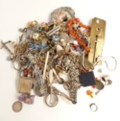 A collection of jewellery including vintage necklaces, amethyst quartz, 800 silver spoon, silver