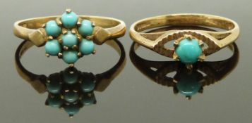 Two 9ct gold rings set with turquoise, size M & N, 3.49g