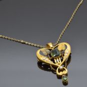 Art Nouveau 15ct gold pendant set with seed pearls and a cushion cut tourmaline with a further